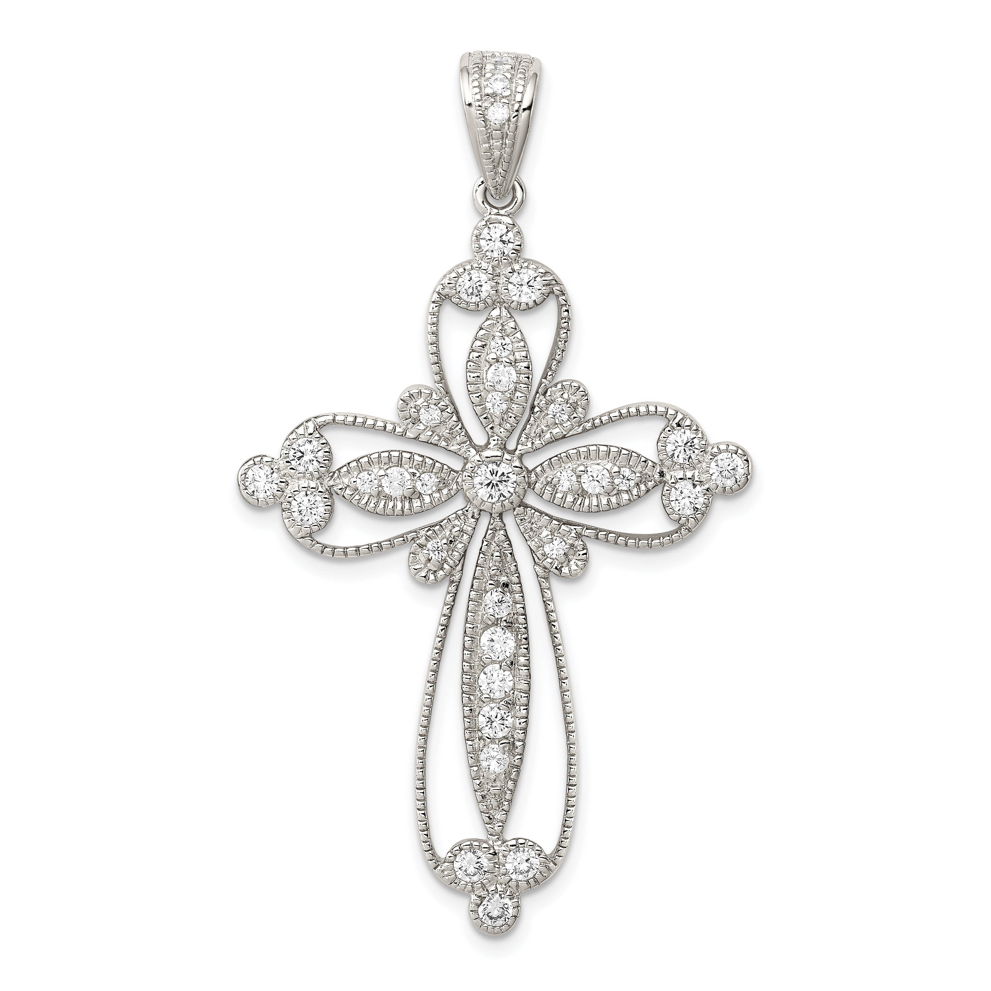 Sterling Silver Rhodium-plated CZ Filigree Cross Pendant