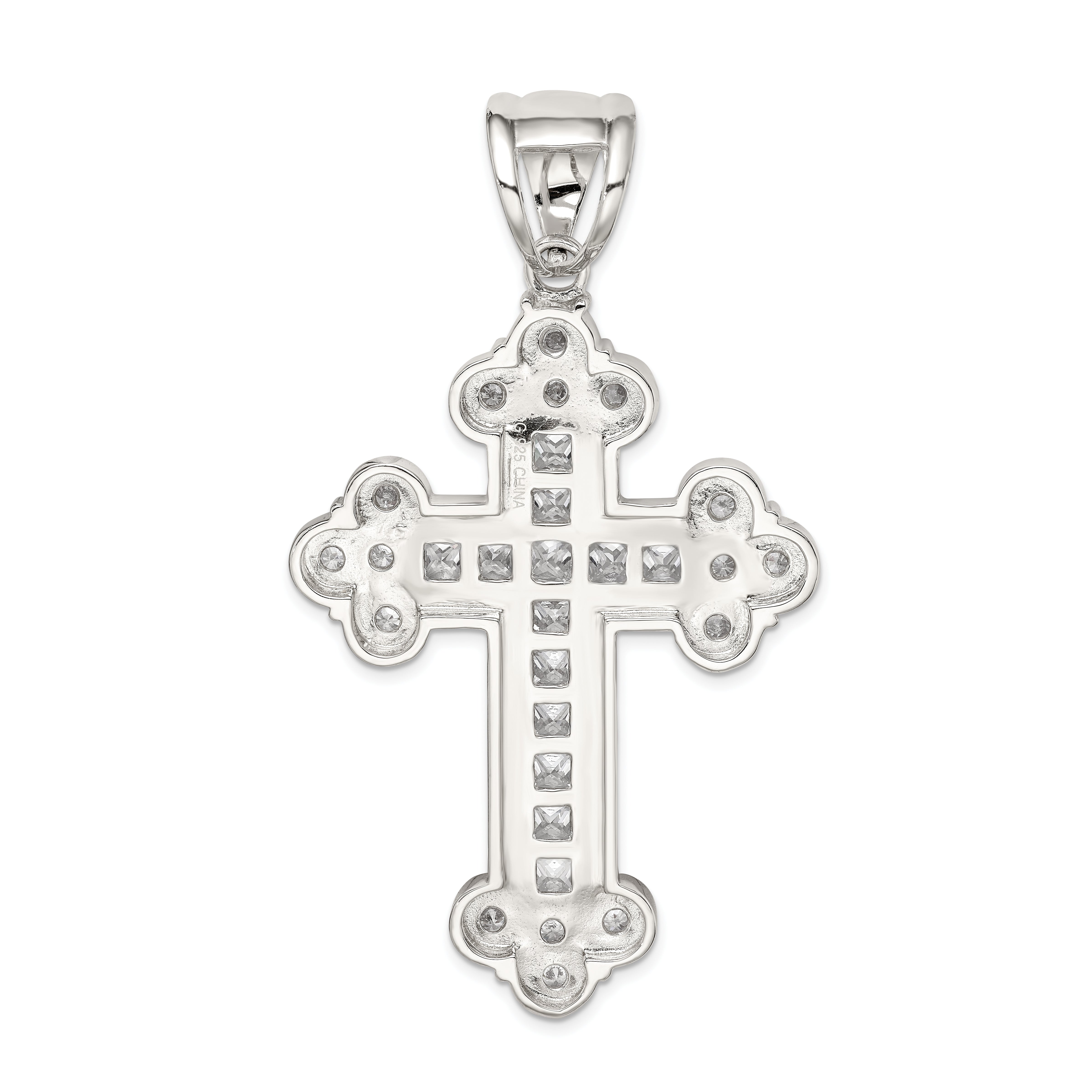 Sterling Silver Rhodium-plated CZ Budded Cross Pendant