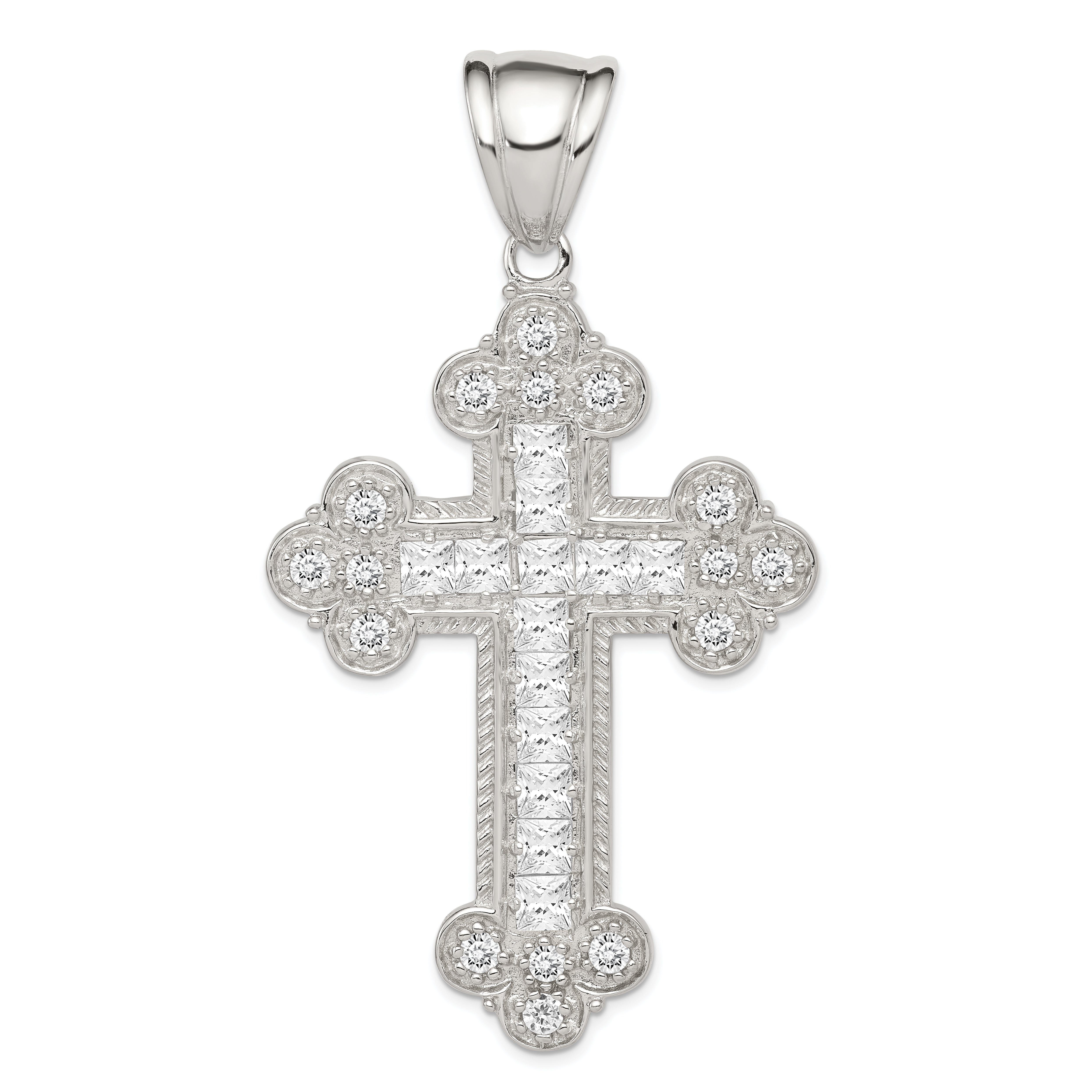 Sterling Silver Rhodium-plated CZ Budded Cross Pendant