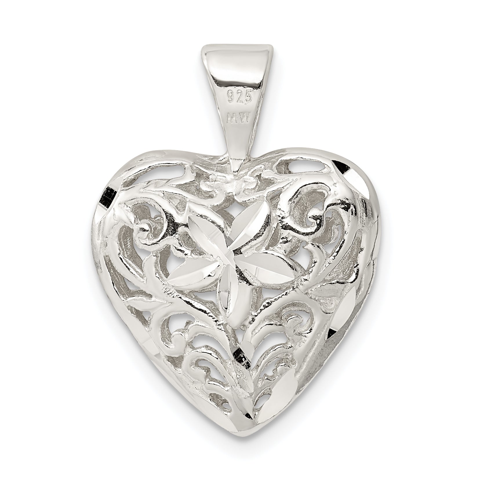 925 Sterling Silver Floral Heart Pendant with Polished Anti-Tarnish Finish