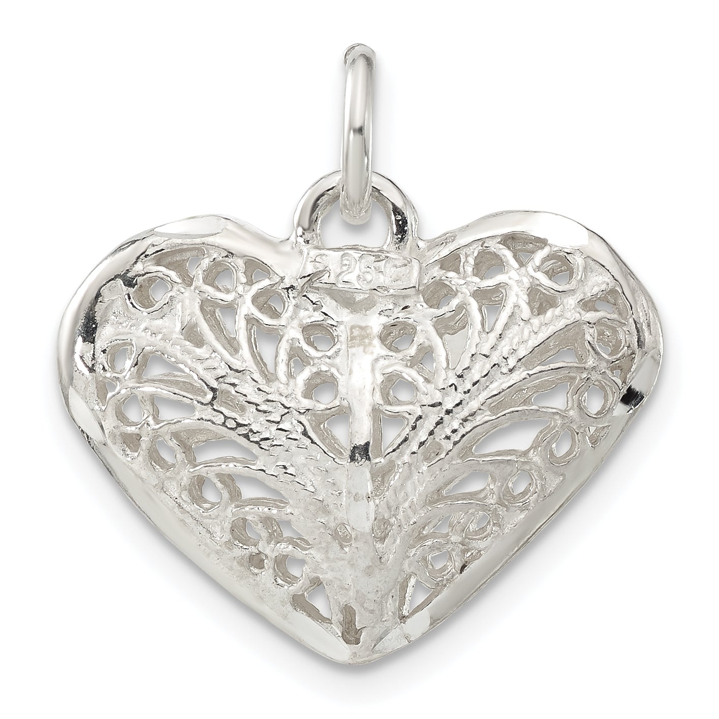 Sterling Silver 925 Filigree Puffed Heart Charm Pendant for Women