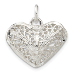 Sterling Silver 925 Filigree Puffed Heart Charm Pendant for Women