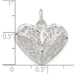 Sterling Silver 925 Filigree Puffed Heart Charm Pendant for Women