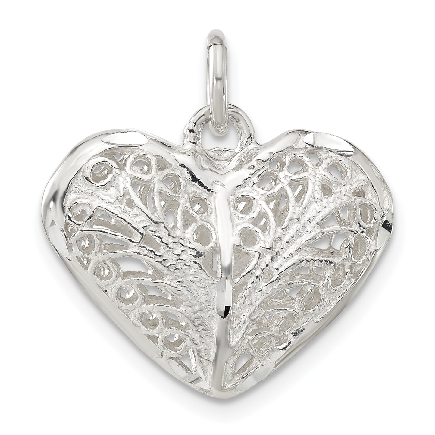 Sterling Silver Polished Filigree Puffed Heart Charm