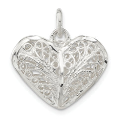 Sterling Silver Polished Filigree Puffed Heart Charm