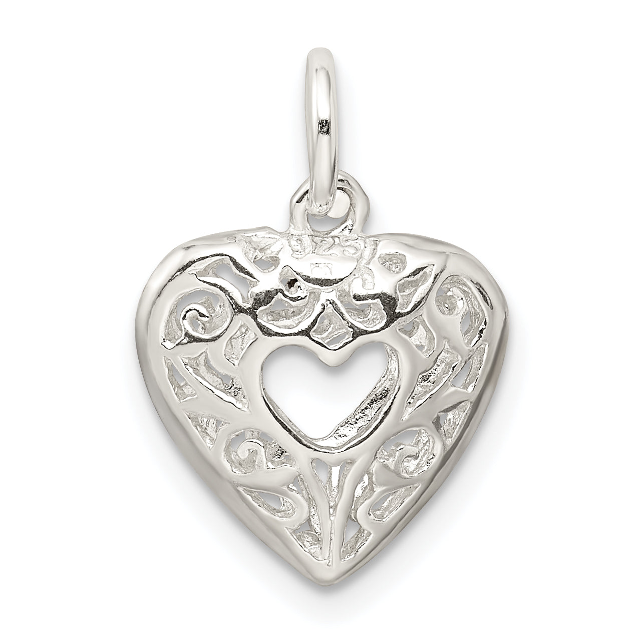 Sterling Silver 925 Filigree Heart Charm with Polished Anti-Tarnish Finish