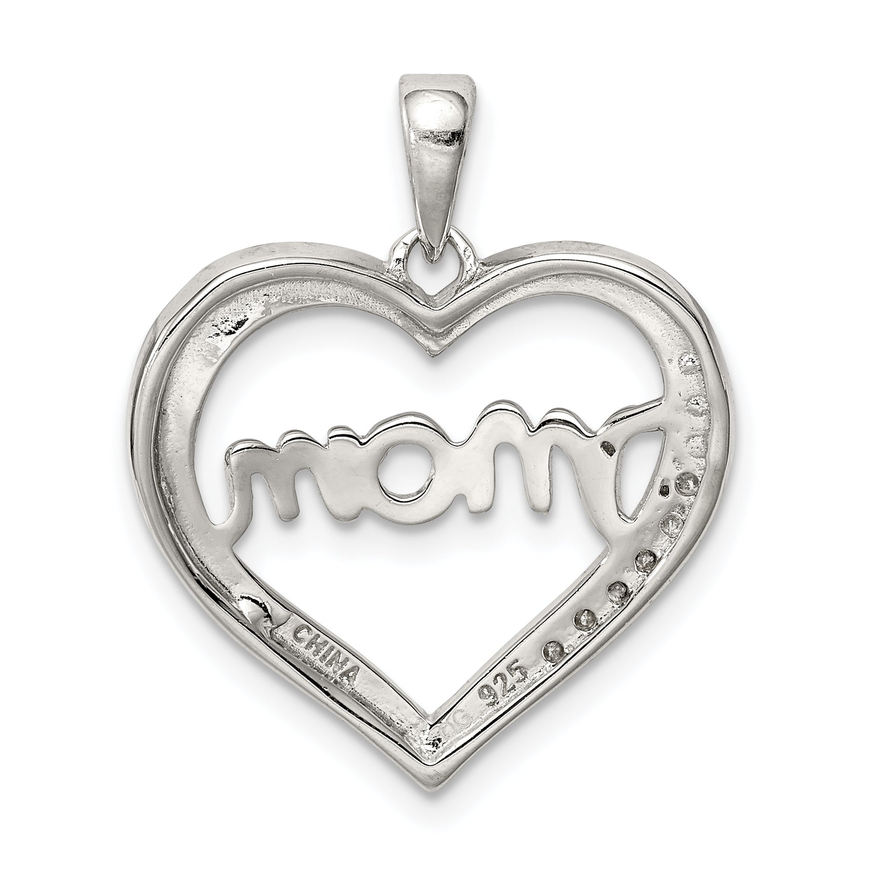 Sterling Silver Rhodium-plated MOM CZ Heart Pendant