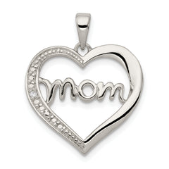 Sterling Silver Rhodium-plated MOM CZ Heart Pendant