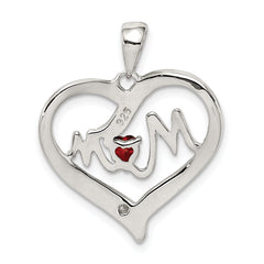 Sterling Silver Rhodium-Plated Red CZ Heart & White CZ Mom Heart Pendant