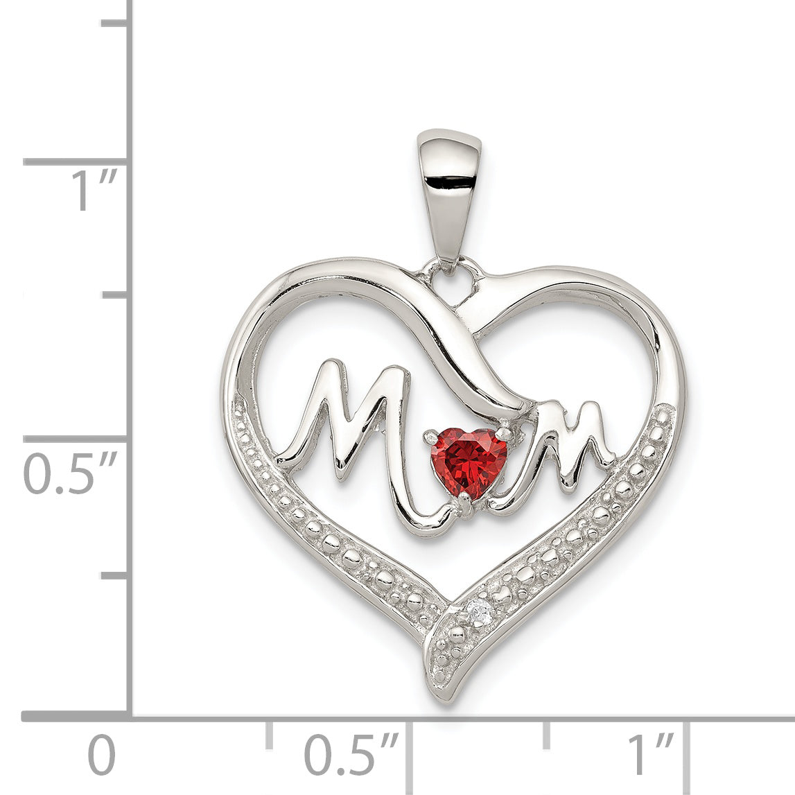 Sterling Silver Rhodium-Plated Red CZ Heart & White CZ Mom Heart Pendant