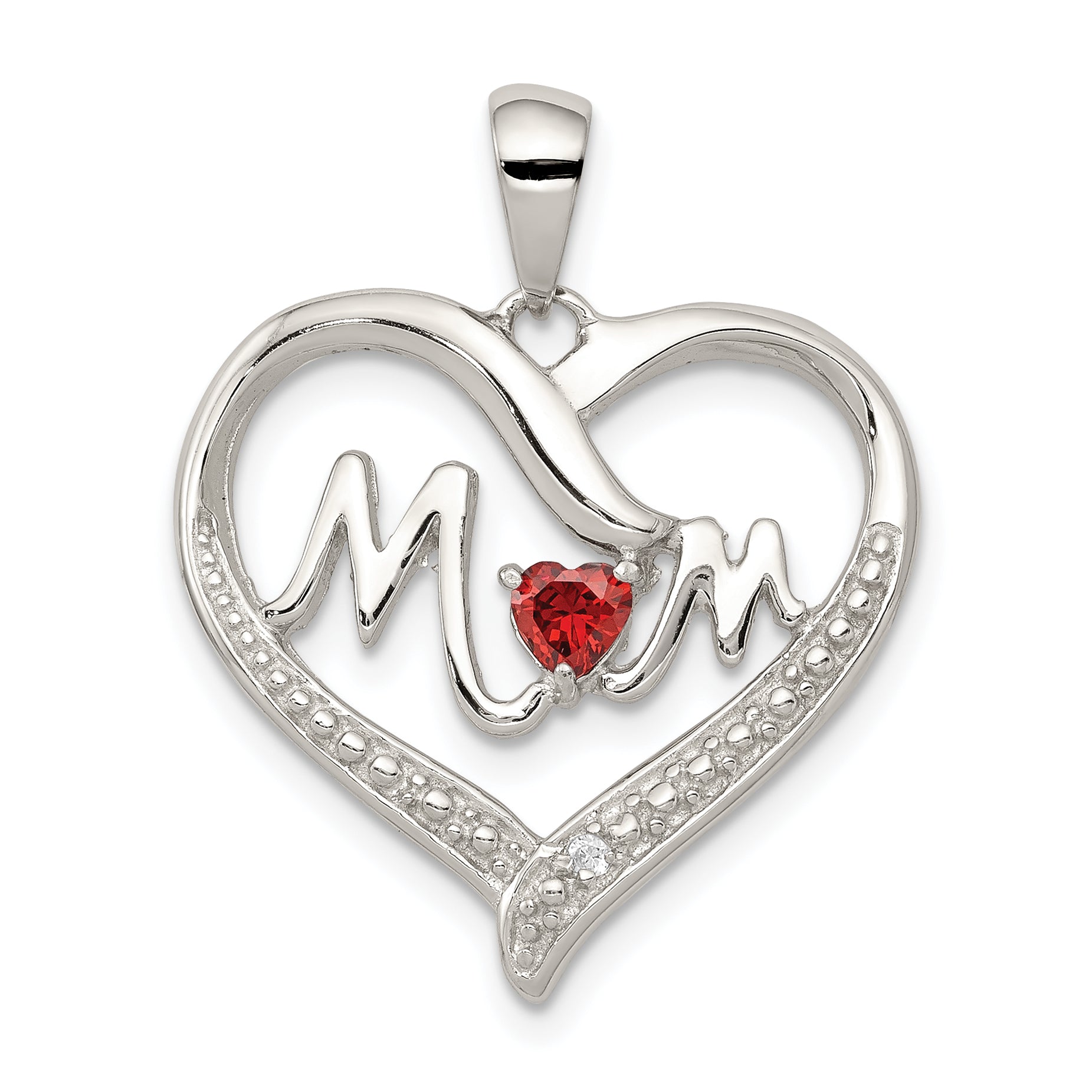 Sterling Silver Rhodium-Plated Red CZ Heart & White CZ Mom Heart Pendant