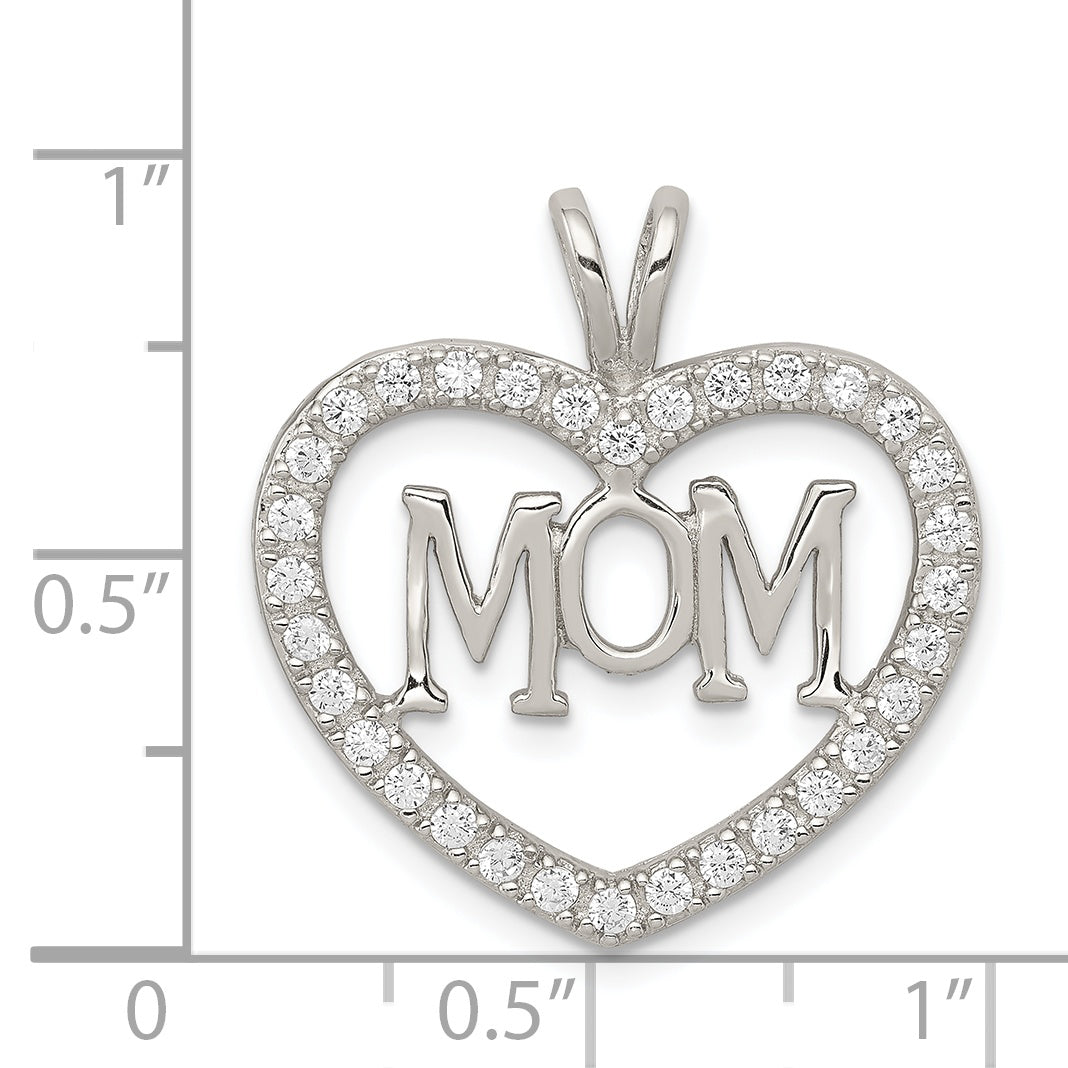 Sterling Silver Rhodium-plated CZ Open Heart MOM Pendant