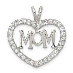 Sterling Silver Rhodium-plated CZ Open Heart MOM Pendant