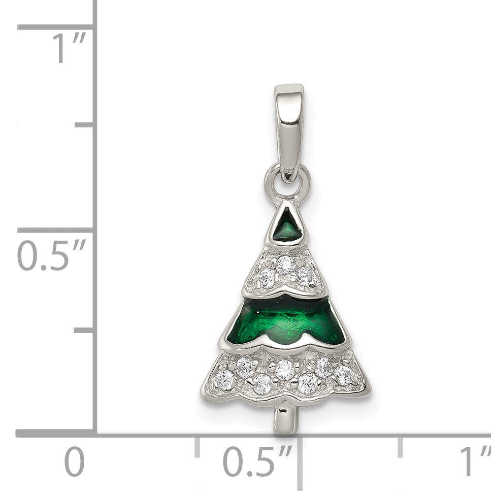 Sterling Silver CZ Christmas Tree Pendant with Enamel Accents