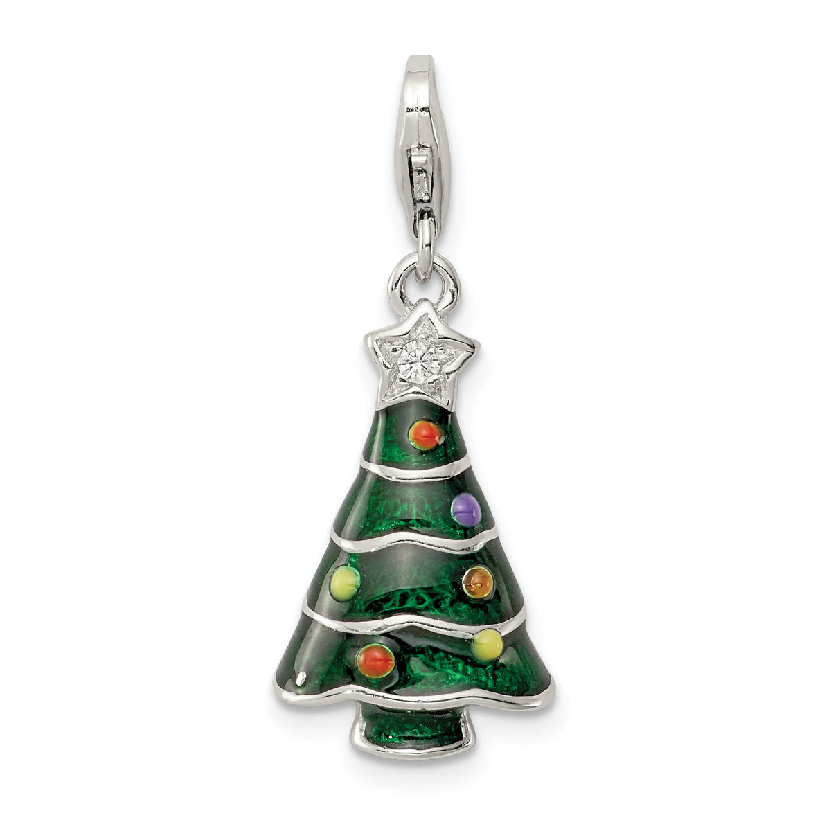 Sterling Silver RH-plated CZ & Enameled Christmas Tree Charm