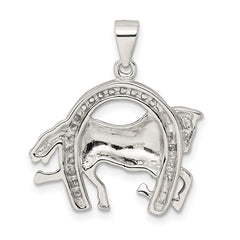 Sterling Silver Rhodium-plated Horse & Horseshoe CZ Pendant