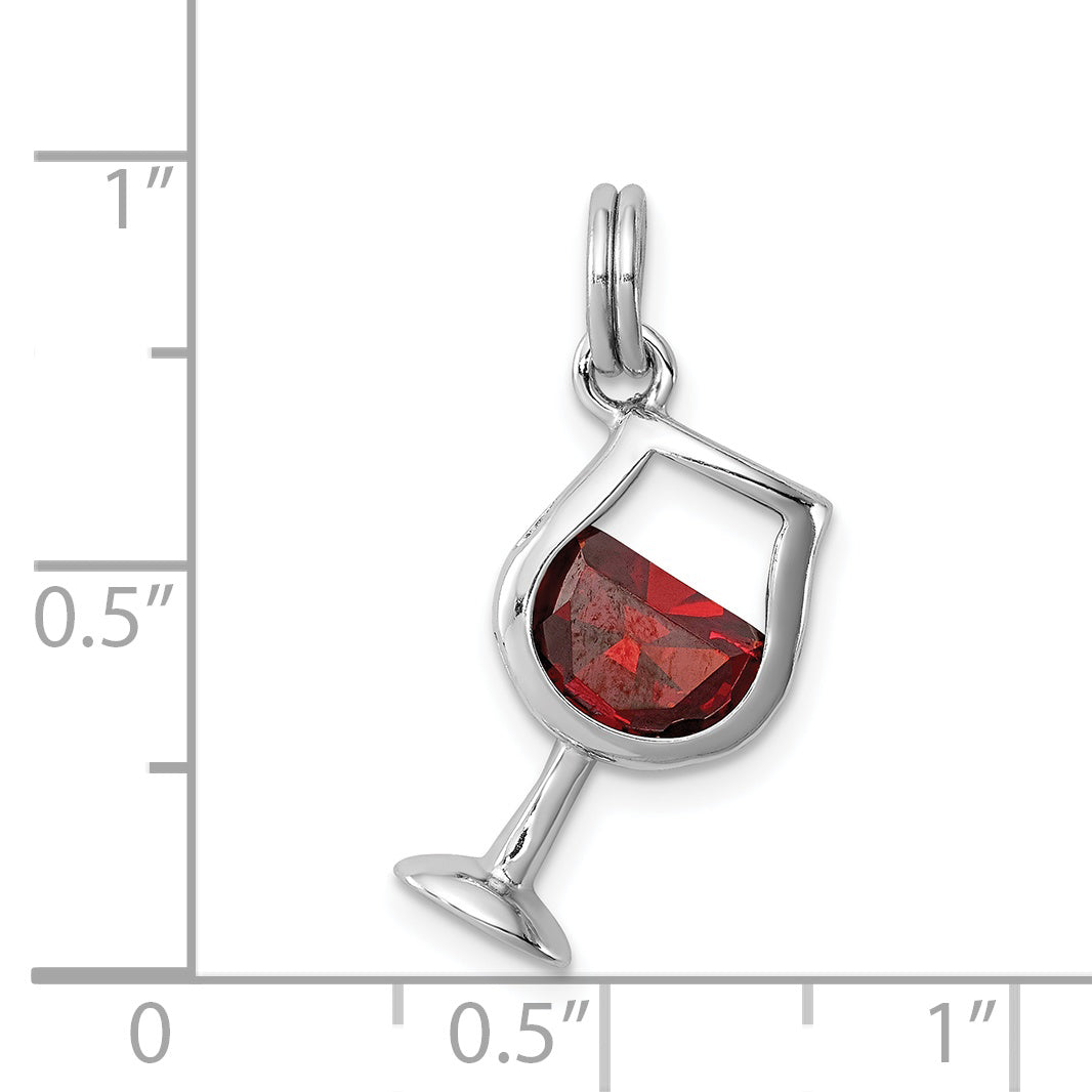 Sterling Silver Rhodium-Plated Red CZ Wine Glass Charm Elegant Polished Finish