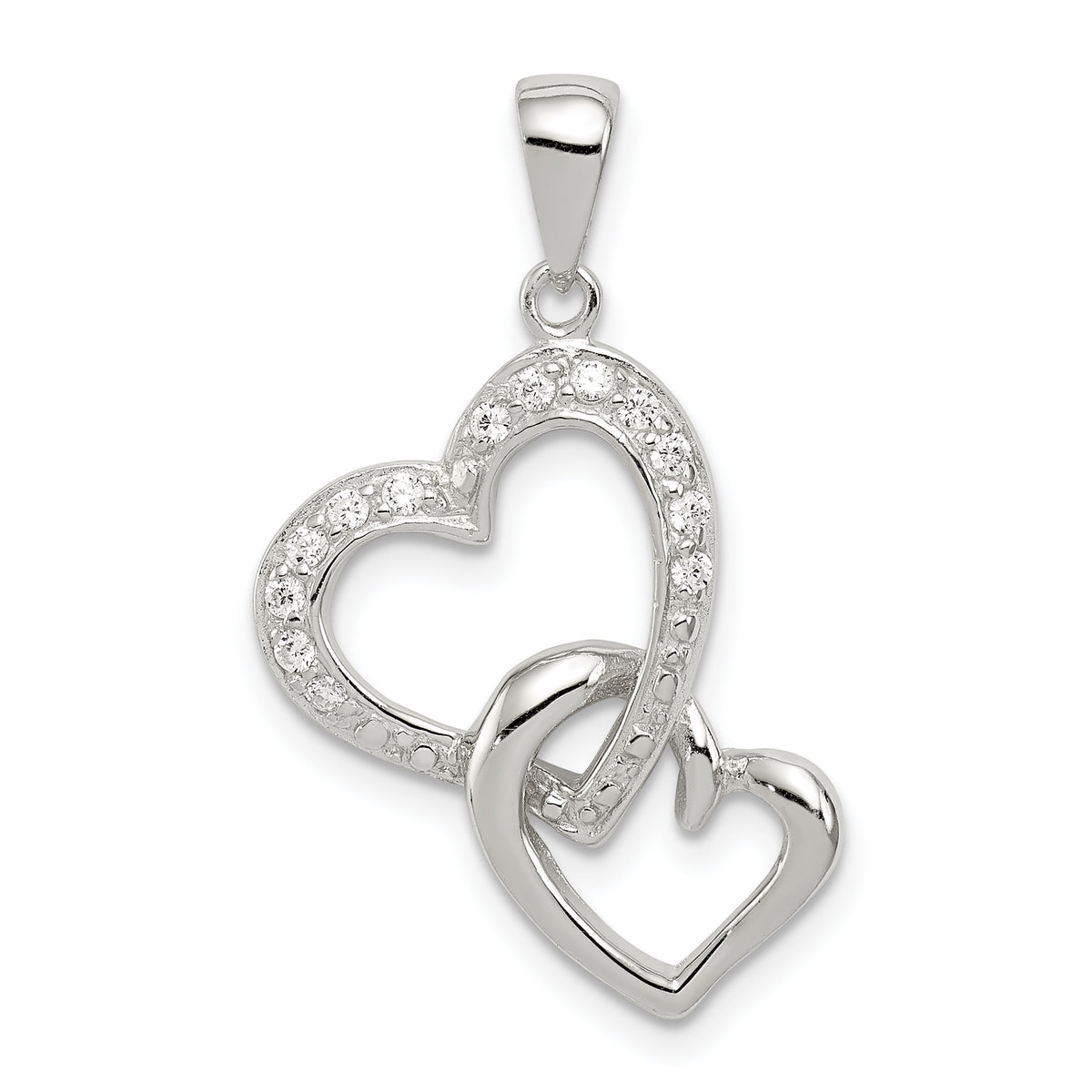 Sterling Silver Rhodium-plated Polished Heart and CZ Double Heart Interconnected Pendant