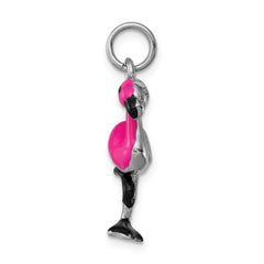 Sterling Silver RH-plated Hot Pink & Black Enameled Flamingo Charm