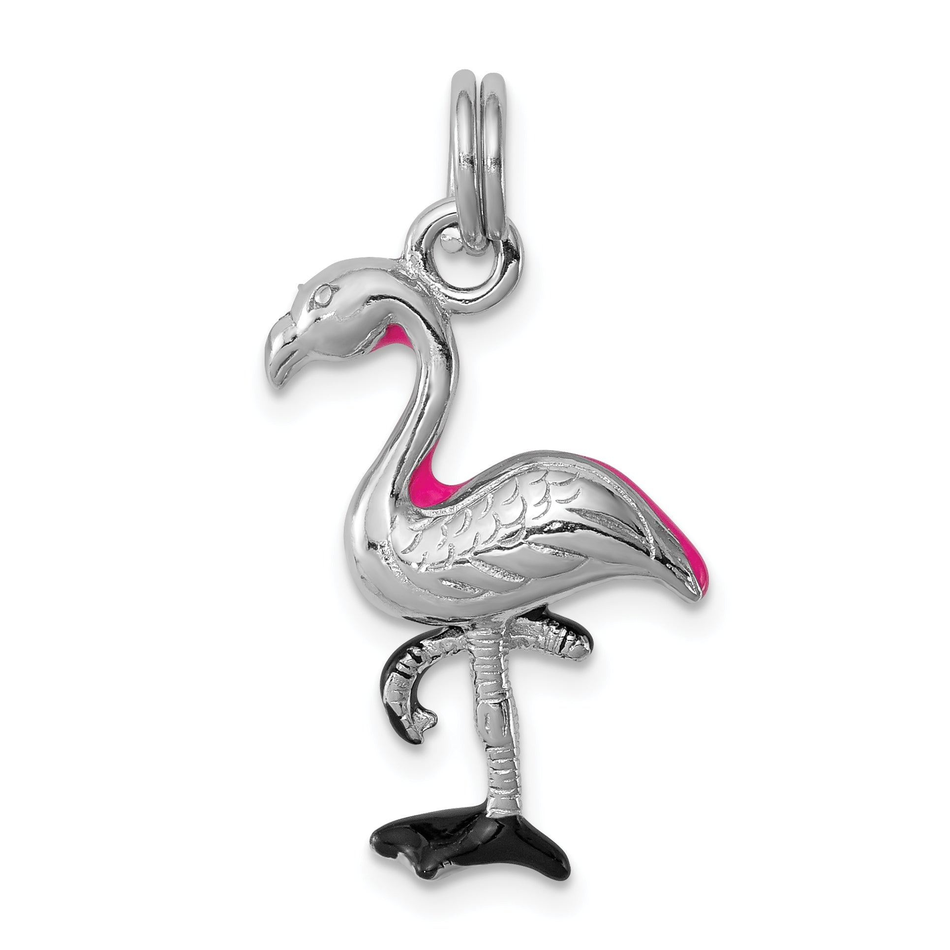 Sterling Silver RH-plated Hot Pink & Black Enameled Flamingo Charm