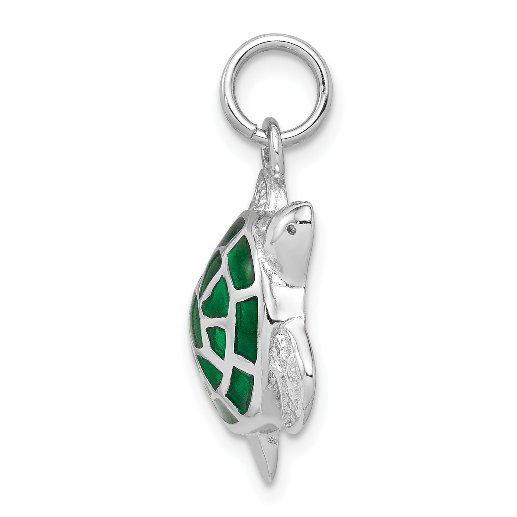 Sterling Silver Rhodium-platedGreen Enamel Turtle Charm