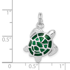 Sterling Silver Rhodium-platedGreen Enamel Turtle Charm