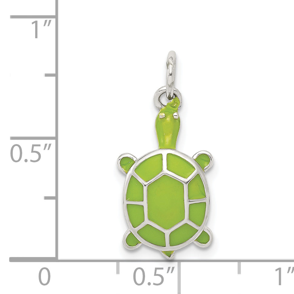 Sterling Silver Rhodium-Plated Green Turtle Pendant with Polished Enamel Finish