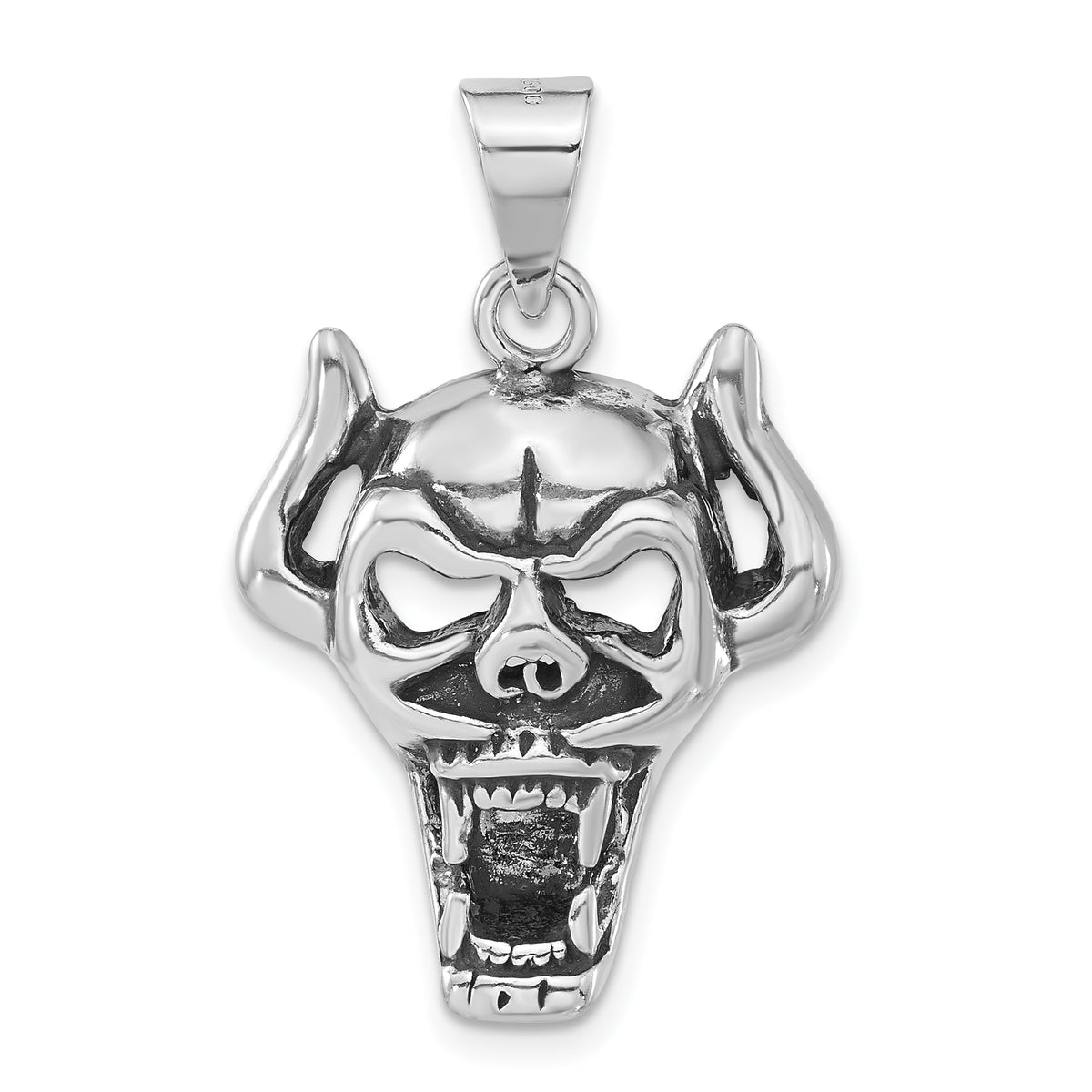 Sterling Silver Polished & Antiqued Horned Skull Pendant