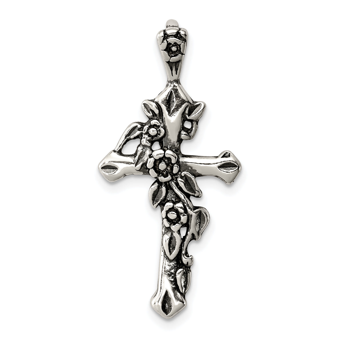 Sterling Silver Antiqued Flowered Cross Pendant