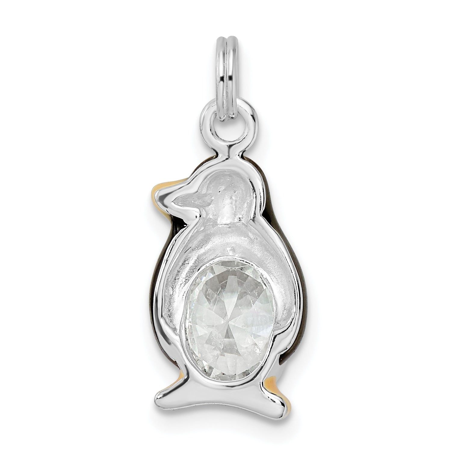 Sterling Silver CZ Enameled Polished Penguin Charm