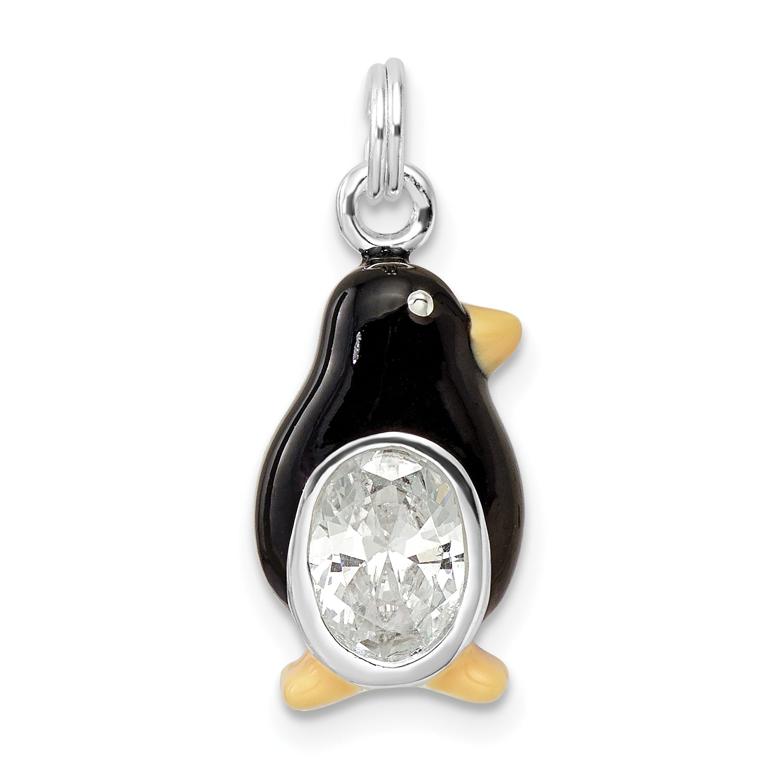 Sterling Silver CZ Enameled Polished Penguin Charm