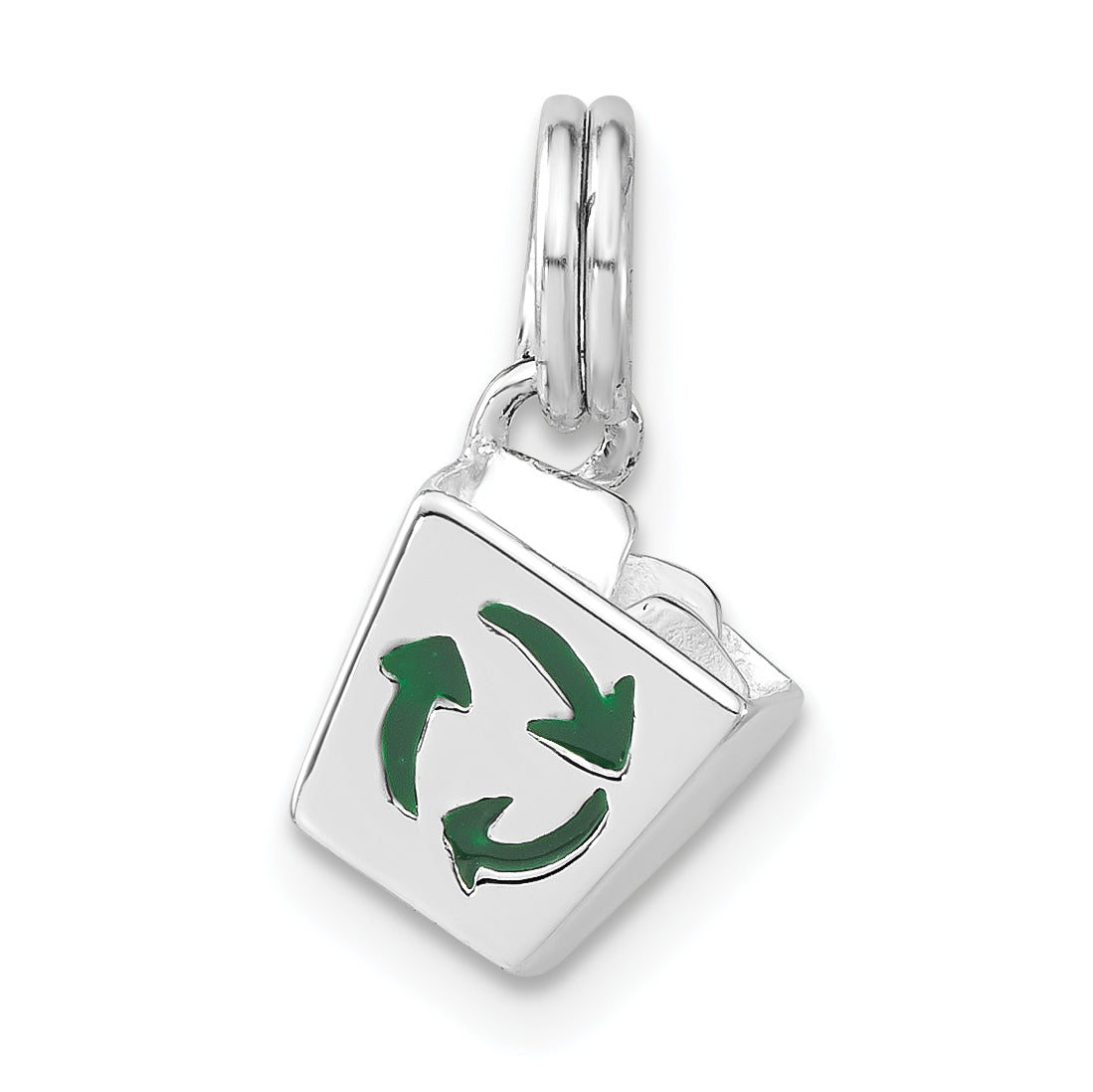 Sterling Silver 3-D Polished Enameled Recycle Bin Charm