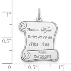 Sterling Silver Rhodium-plated Personalizable Birth Certificate Charm