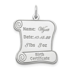 Sterling Silver Rhodium-plated Personalizable Birth Certificate Charm