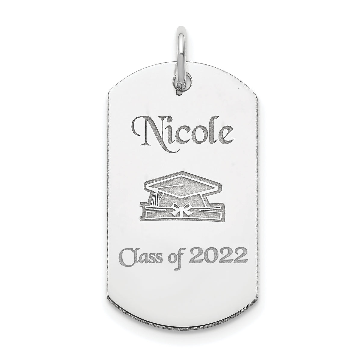 Sterling Silver Rhodium-plated Personalizable Graduation Dog Tag Charm