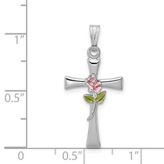 Sterling Silver Rhodium-plated Cross with Epoxy Rose Center Pendant