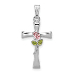 Sterling Silver Rhodium-plated Cross with Epoxy Rose Center Pendant