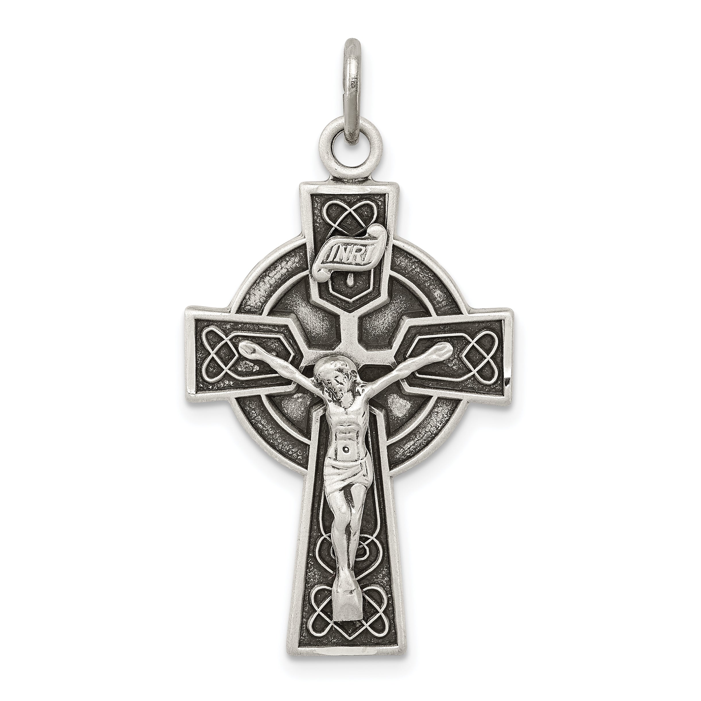 Sterling Silver Antiqued Satin Irish Crucifix Cross Pendant