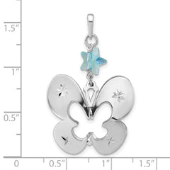 Sterling Silver Polished Diamond-cut Butterfly w/ Lt Blue Glass Pendant