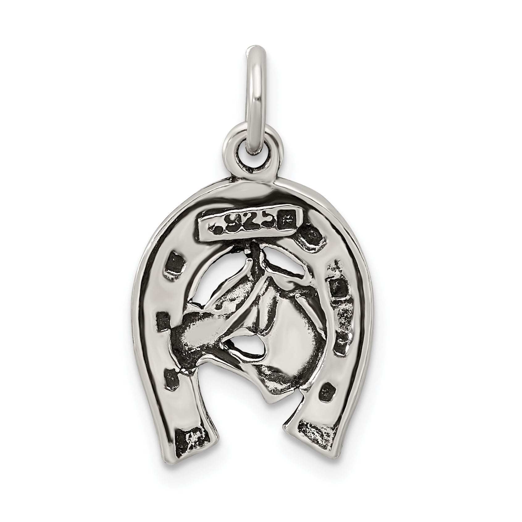 Men's Sterling Silver 925 Antiqued Horseshoe Pendant with Horse Head Detail