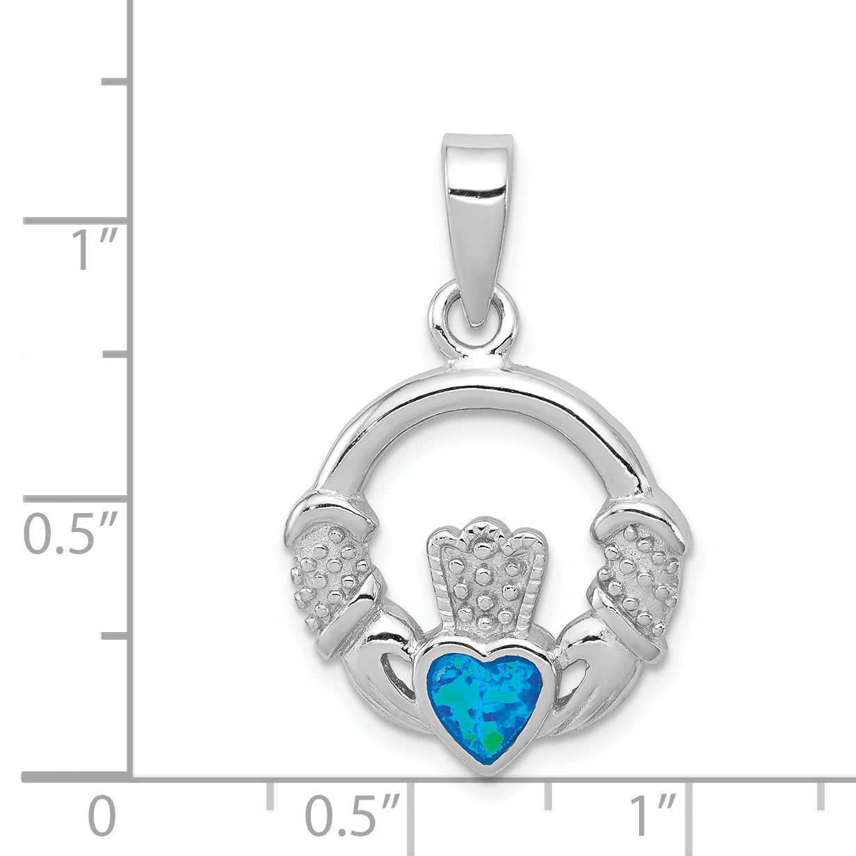 Sterling Silver Lab Blue Opal Claddagh Pendant with Rhodium Polish