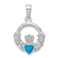 Sterling Silver Rhodium-plated Lab Created Blue Opal Inlay Claddagh Pendant