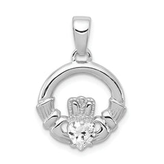 Sterling Silver Rhodium Plated CZ Claddagh Pendant