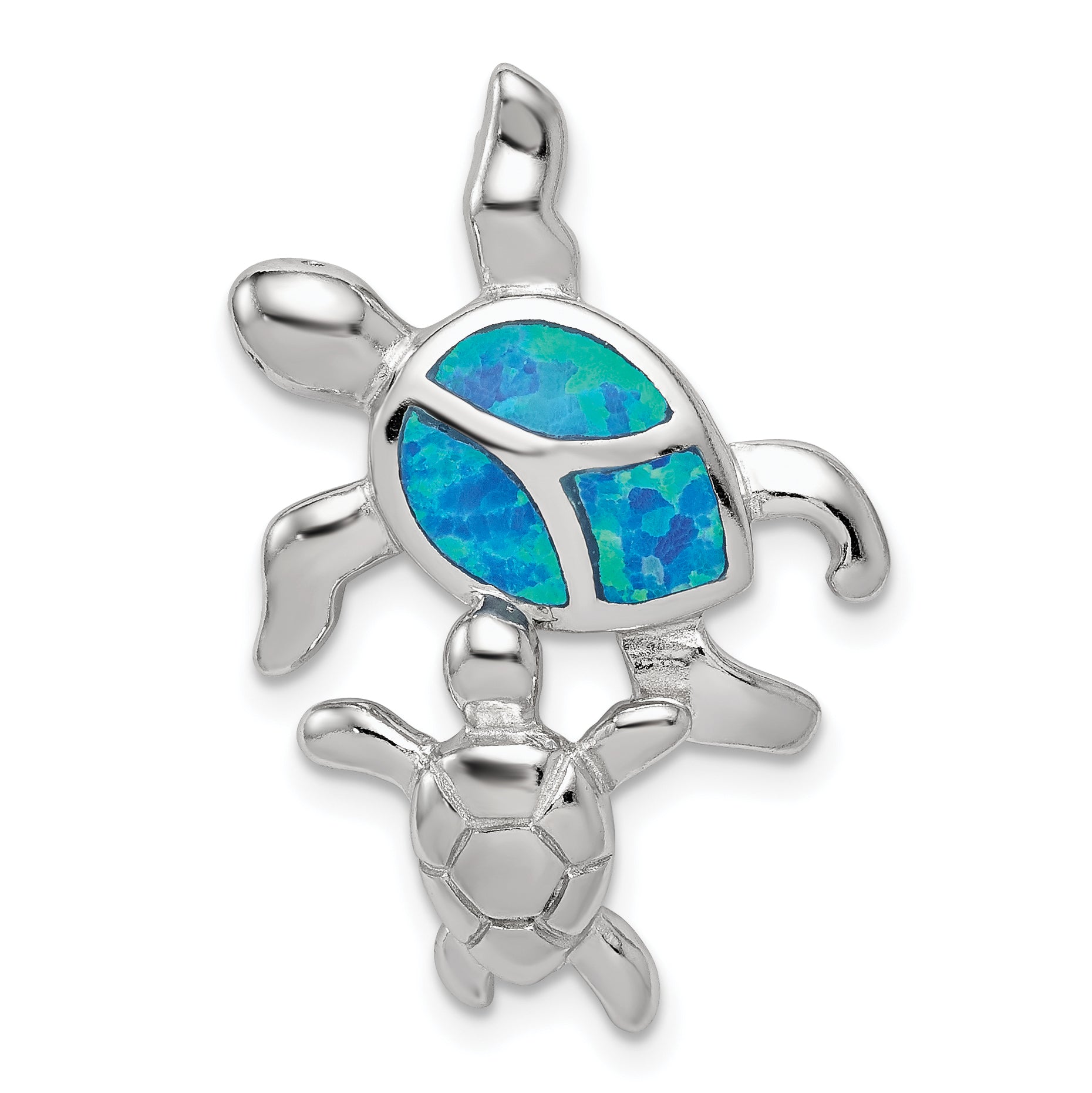 Sterling Silver Rhodium-plated Blue Inlay Created Opal Turtle Pendant