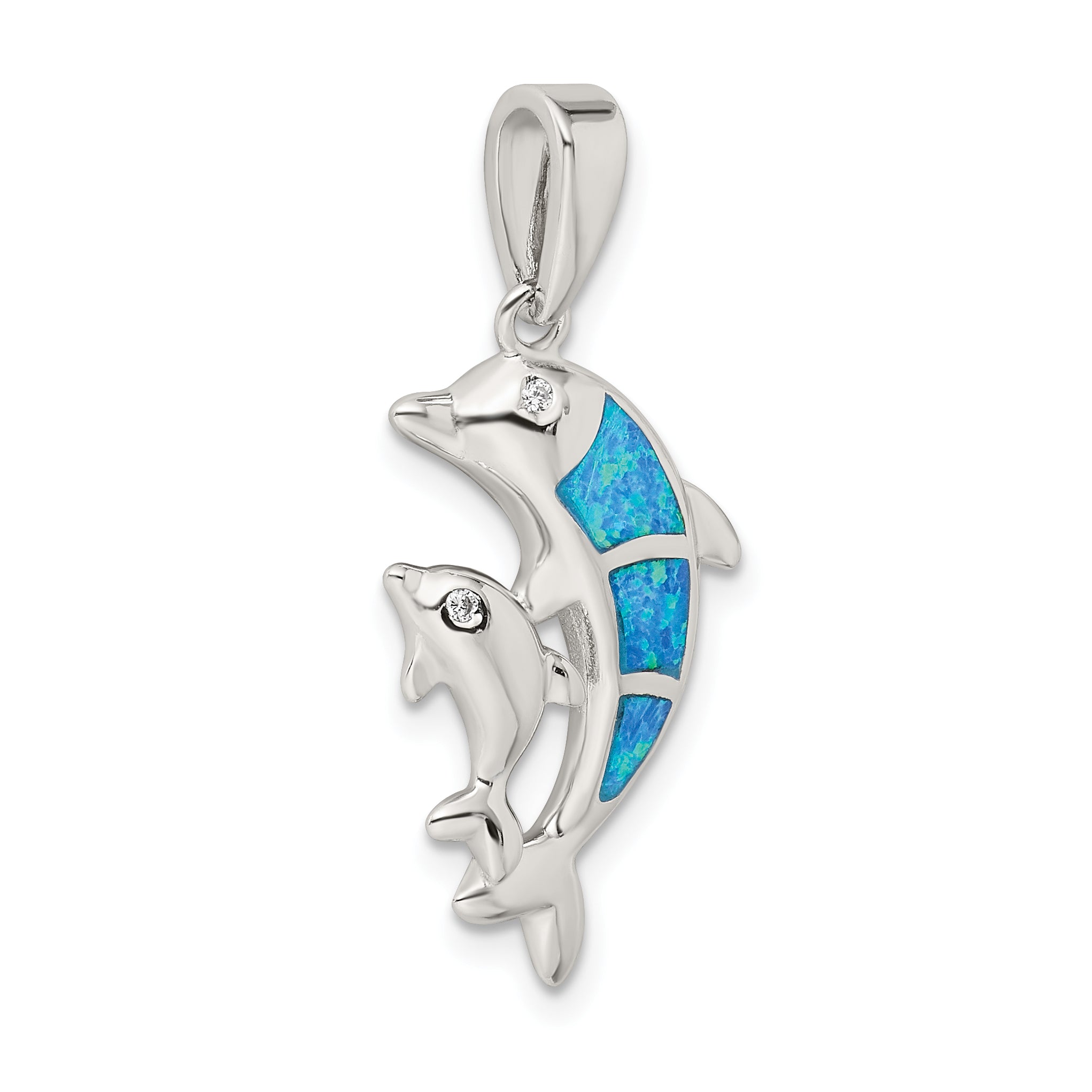 Sterling Silver Rhodium-Plated Opal Dolphin Pendant - Elegant Ocean-Themed Charm