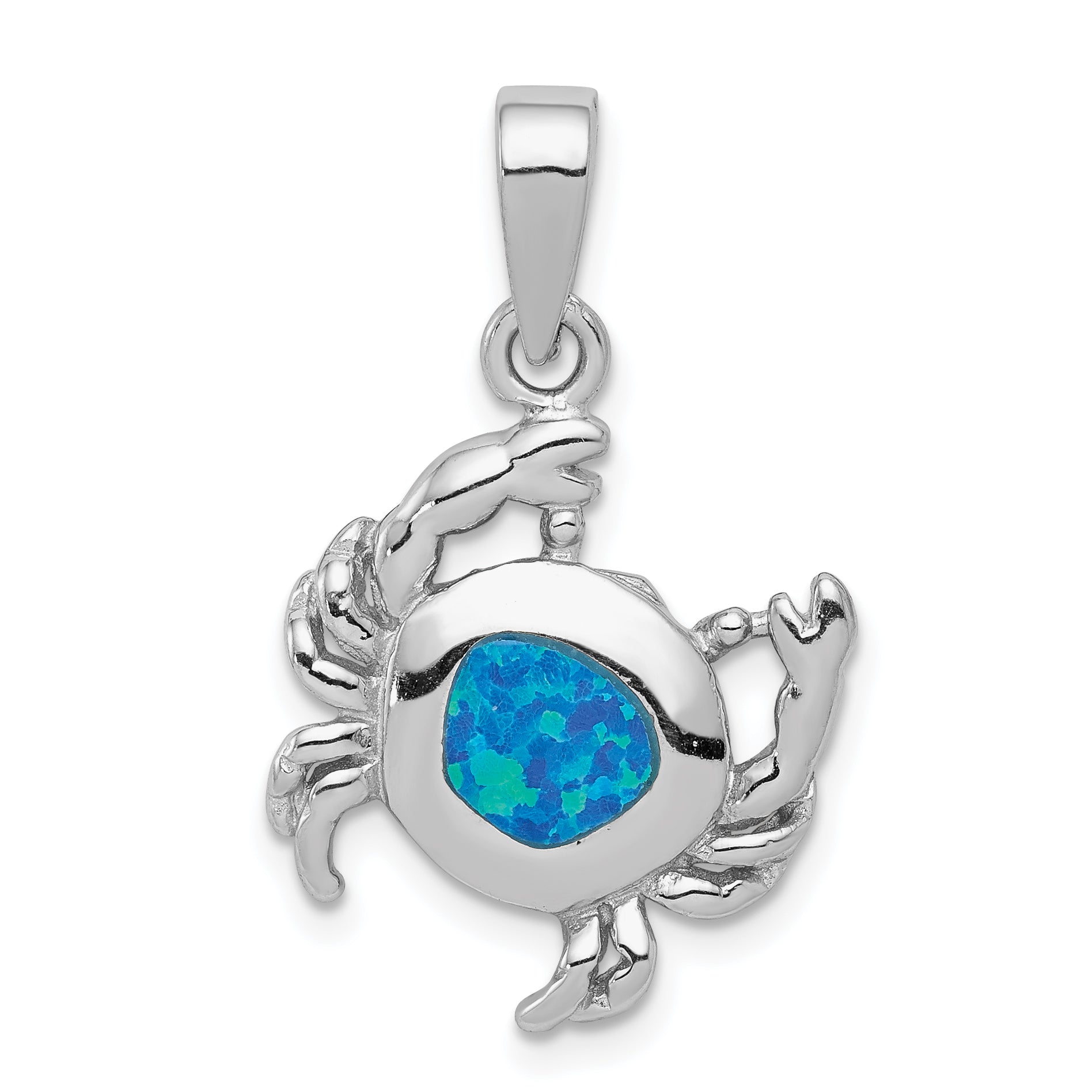 Sterling Silver Rhodium-plated Blue Inlay Created Opal Crab Pendant