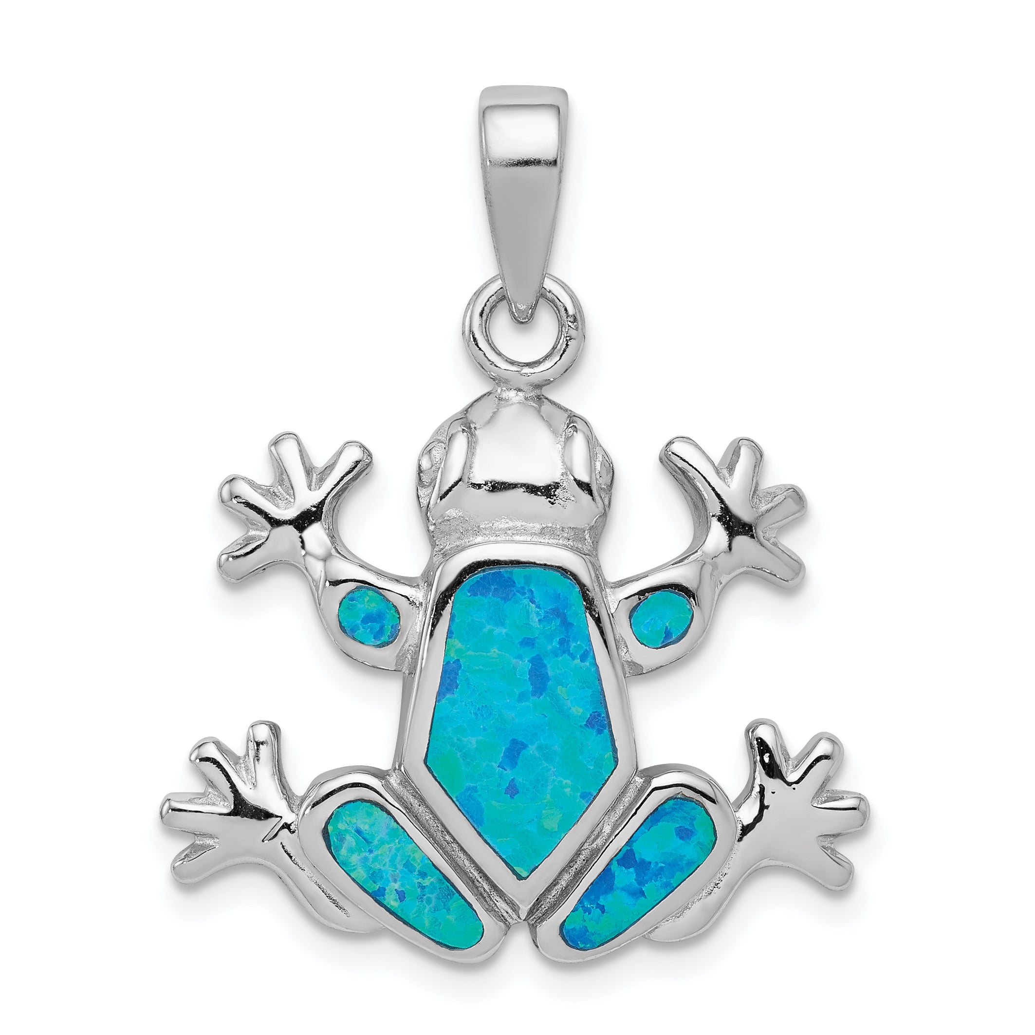 Sterling Silver Rhodium-plated Blue Inlay Created Opal Frog Pendant