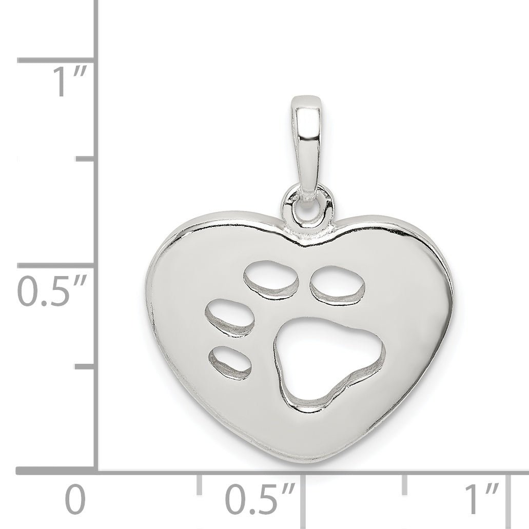 Sterling Silver Polished Heart with Paw Print Pendant