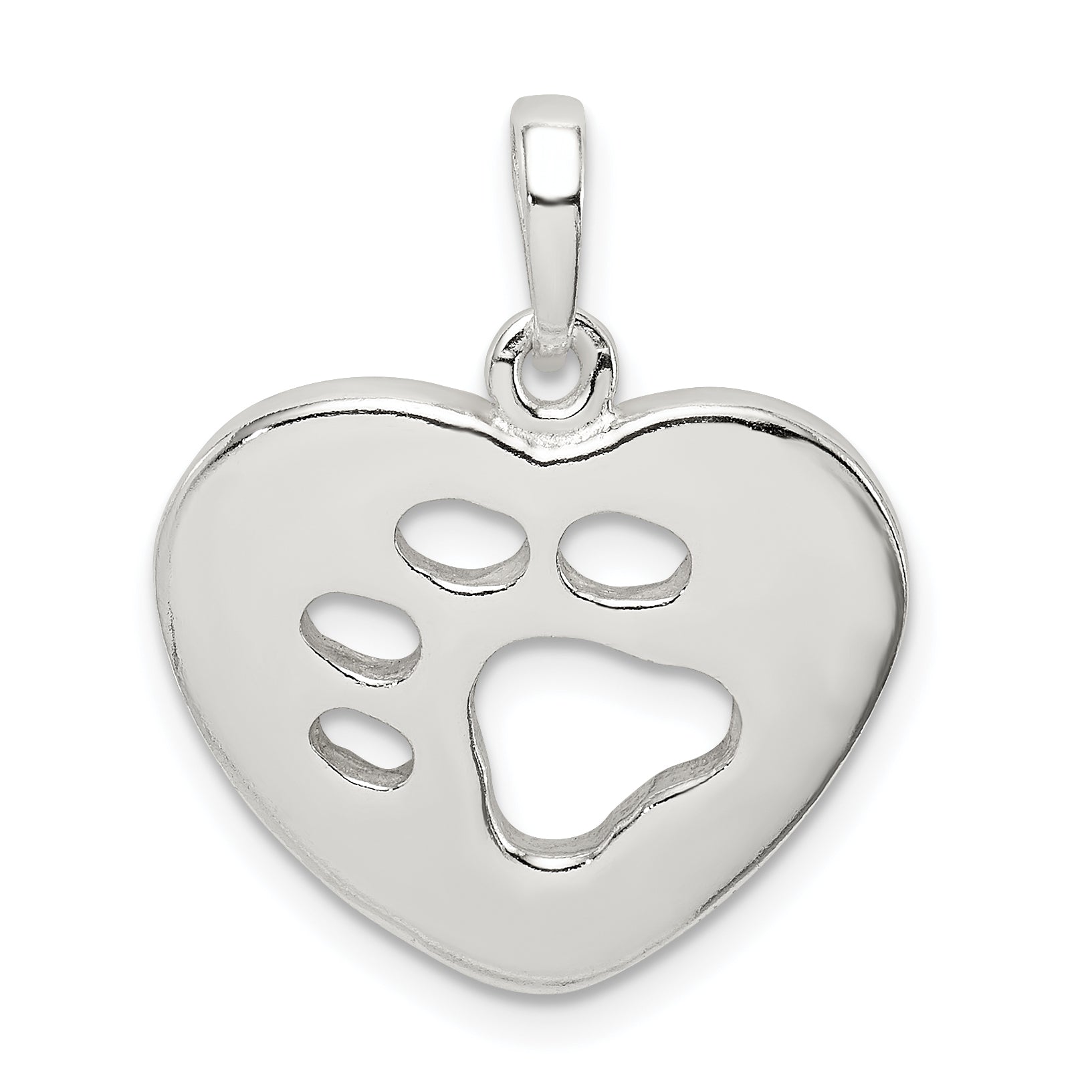 Sterling Silver Polished Heart with Paw Print Pendant