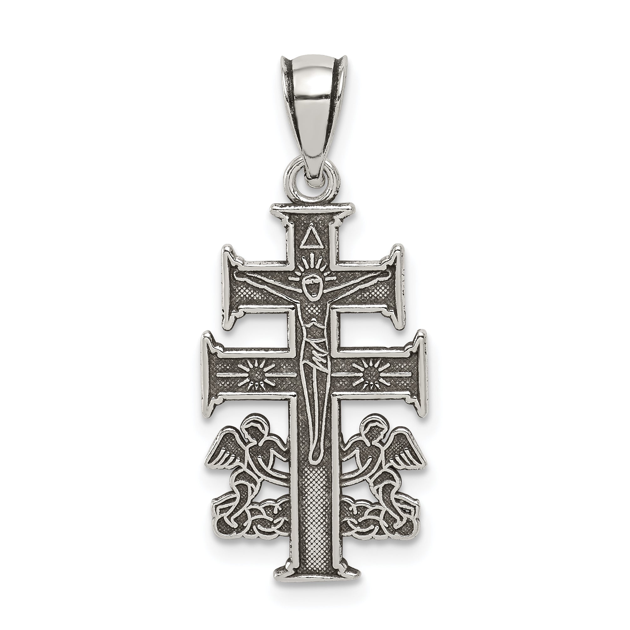 Sterling Silver Antiqued Caravaca Double Cross w/Angels Crucifix Pendant